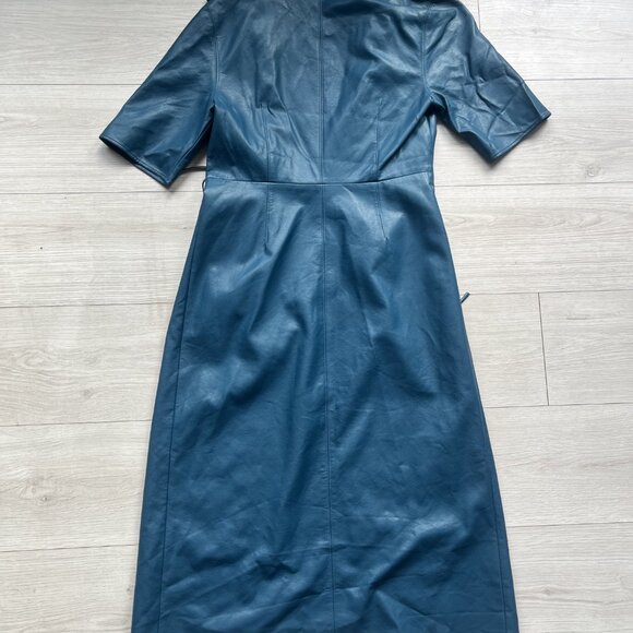 Oak + Fort Faux Leather Wrap Midi Dress in Teal Blue - Picture 2 of 5